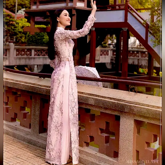 🆕 beautiful Traditional Vietnam Ao dai 2-layers 3D Cherry Blossoms 🌸 size XL - Picture 2 of 3